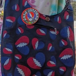 Black Shoulder Bag with Red & Blue Heart Graphics